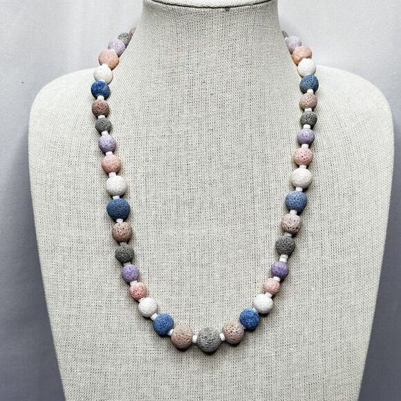 Vintage Textured Pastel Graduated Lava Bead Necklace 22” - Picture 2 of 12